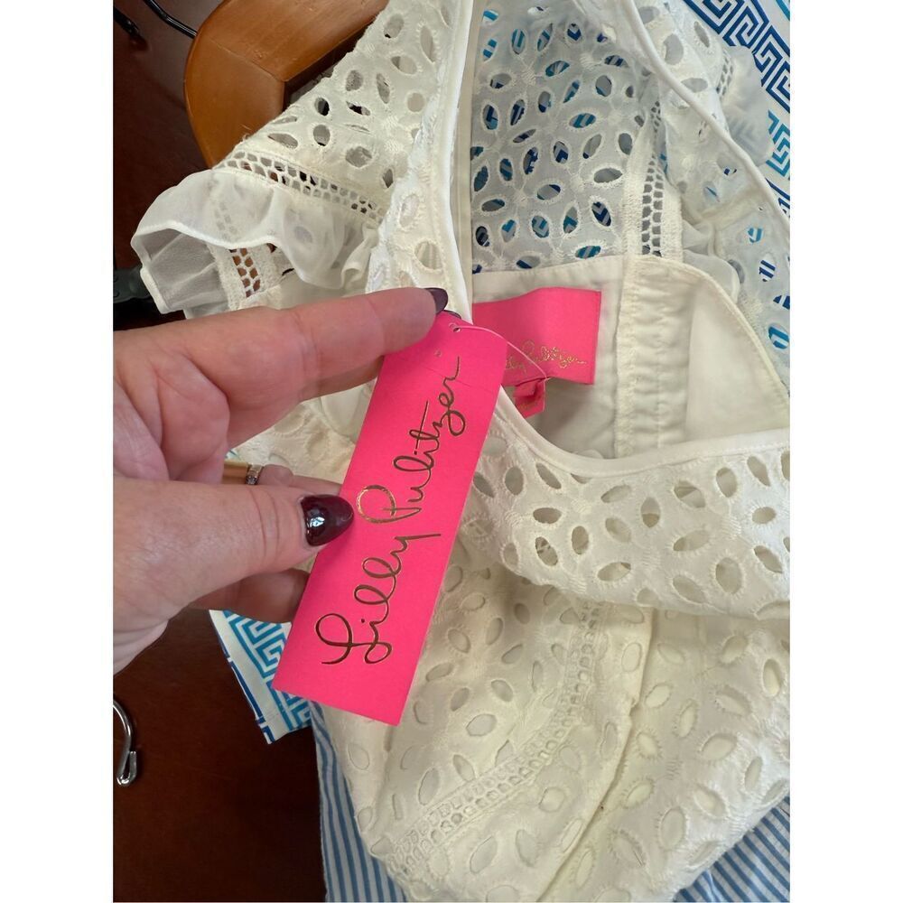 Lilly Pulitzer Maya Shift Dress in Coastal Blue Seersucker & White Eyelet Sz 0 N - Picture 10 of 11